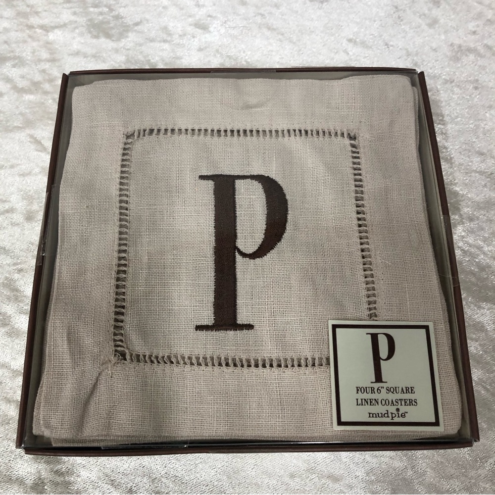 Mudpie Linen Coasters square Four 6" Letter P